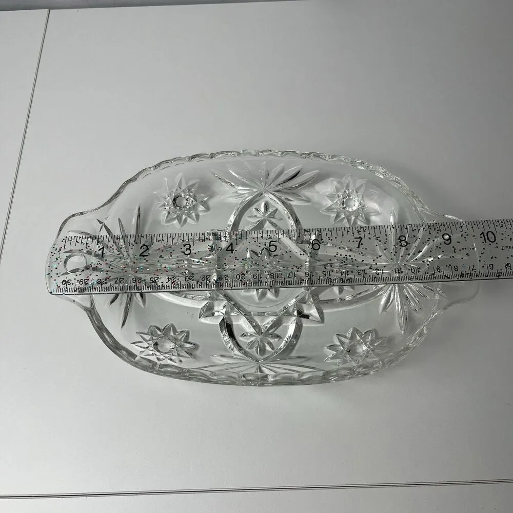 Vtg Anchor Hocking Glass Oval Divided Relish Dish Star of David Tablescape Decor